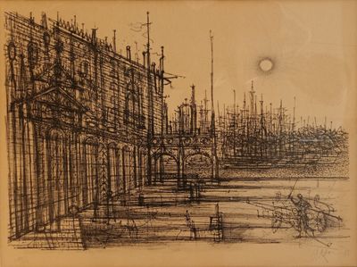 an image of a drawing of a building with a clock tower in the background