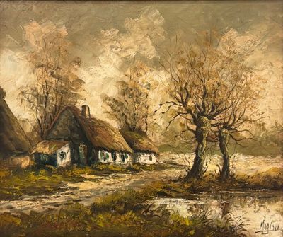 une image représentant un tableau d'un village avec un toit de chaume