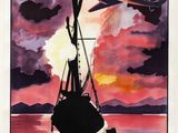 an old poster of an airplane flying over a boat in the water