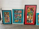 four framed art pieces of different colors and sizes on a wall