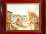an oil painting of a village scene with a red frame