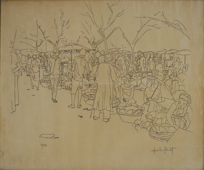 dessin représentant un groupe de personnes debout autour d'une table sur laquelle se trouvent des plats