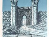 an image of a picture of a castle gate with a sky background