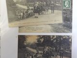 two old black and white photos of a group of people and horses