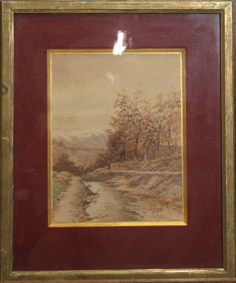 tableau représentant une scène fluviale avec un pont et des arbres en arrière-plan
