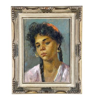 painting of a woman with a red headband in a silver frame