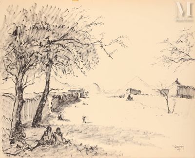 dessin représentant un paysage avec un arbre et un homme assis sous cet arbre
