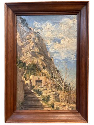 an oil painting of a mountain scene with a house on the side
