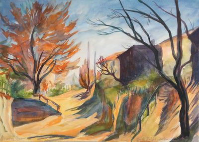 une peinture d'un chemin de terre avec des arbres en arrière-plan