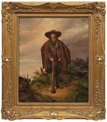 un vieux tableau représentant un homme avec un chapeau et une canne
