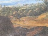 a painting of a landscape with a man and a horse in the foreground
