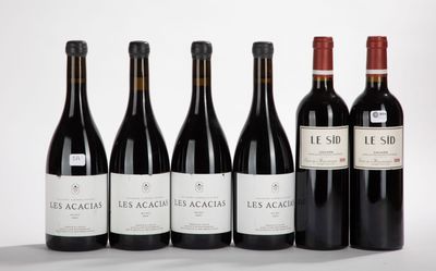 six bottles of red wine lined up in a row