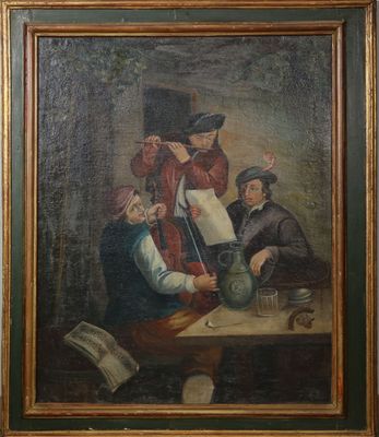 une peinture à l'huile représentant un groupe d'hommes assis autour d'une table