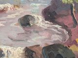 an oil painting of a river with rocks and trees in the background