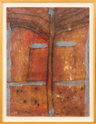 une image représentant une peinture d'une porte rouge aux moulures bleues
