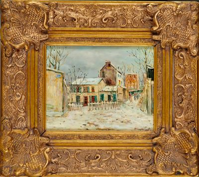 une peinture à l'huile représentant une scène de rue avec un bâtiment en arrière-plan