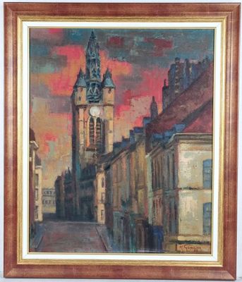 tableau représentant une rue de la ville avec une tour horloge au loin