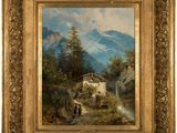 un tableau représentant un paysage de montagne avec une maison et deux vaches