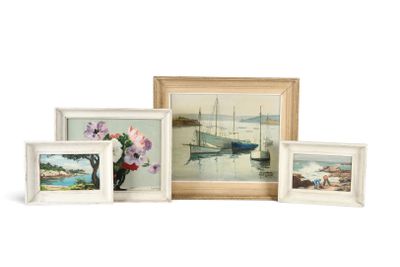 quatre tableaux représentant des bateaux et un vase de fleurs