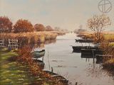 une peinture d'une rivière avec des bateaux