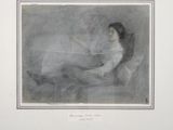 dessin représentant une femme en robe blanche assise sur un lit
