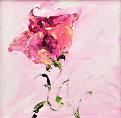 tableau représentant une rose rose avec des feuilles vertes sur un fond rose