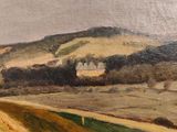 an oil painting of a farm scene with a house in the distance