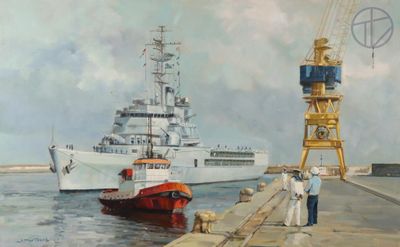 a painting of a man standing on a dock next to a boat