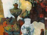 a painting of a table with vases and fruit on it