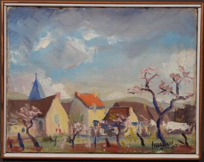une peinture à l'huile représentant des maisons et des arbres dans un décor champêtre