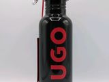 black water bottle with a red logo on the side