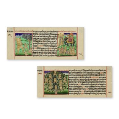 deux pages d'un manuscrit représentant un homme à cheval