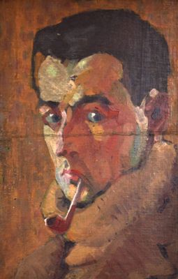 tableau représentant un homme avec une pipe et une cigarette à la bouche