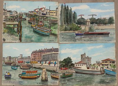 quatre tableaux représentant des bateaux dans un port, avec des bâtiments en arrière-plan