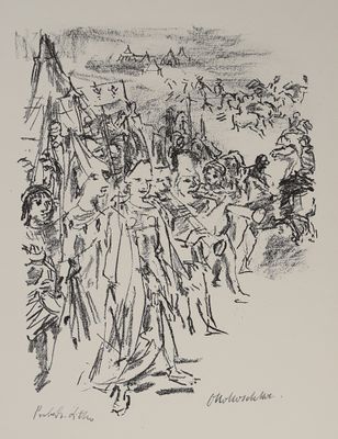 dessin représentant un groupe de personnes marchant dans une rue, des drapeaux à la main