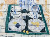 a picture of a painting of a tray of food on the table