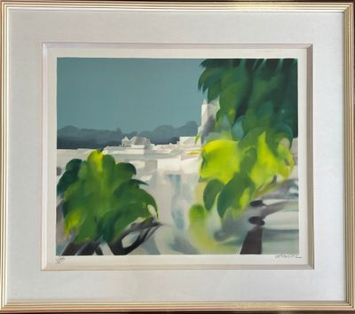 a picture of a painting of a view of a city