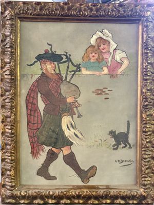une image représentant un tableau où l'on voit un homme et une femme se promenant avec un chat
