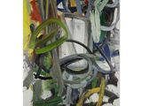 peinture abstraite représentant un vase de fleurs et des ciseaux posés sur une table