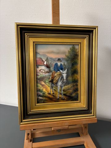 RESTOUEIX : émail de Limoges signé « Paysan sur son âne » 23 x 17...