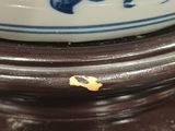 a close up of a plate with a blue and white design on it