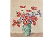 a painting of flowers in a vase on a table