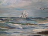 un tableau représentant un voilier en mer, avec des mouettes en arrière-plan