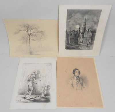 four old black and white drawings of a man and a woman