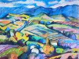 an oil painting of a colorful landscape with hills and trees