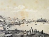 dessin représentant une vue d'une ville et d'un plan d'eau avec des bateaux à la surface de l'eau