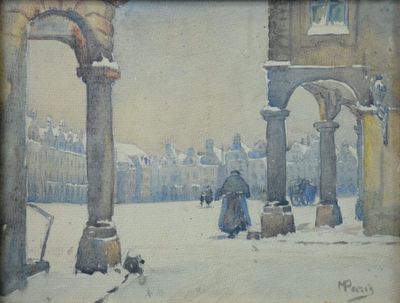 un tableau représentant un homme et un chien se promenant dans la neige