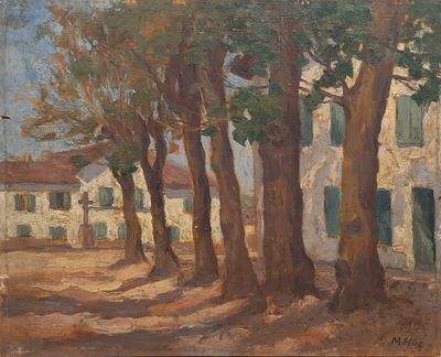 an oil painting of a street lined with trees in front of a white house