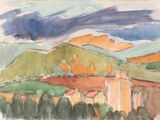 une aquarelle représentant une maison à la montagne