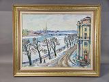 an image of a painting of a snowy landscape with a church in the background
